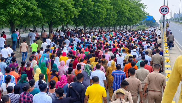 नोएडा के डूब क्षेत्र में बिजली-पानी की मांग को लेकर हजारों लोगों का प्रदर्शन, लिखित आश्वासन पर अड़े लोग